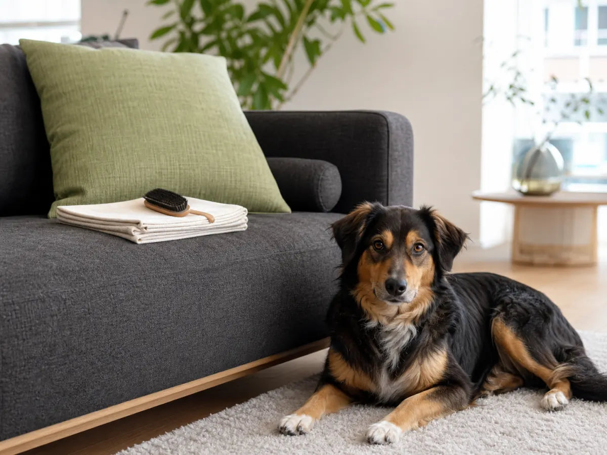 Hund neben einem Stoffsofa
