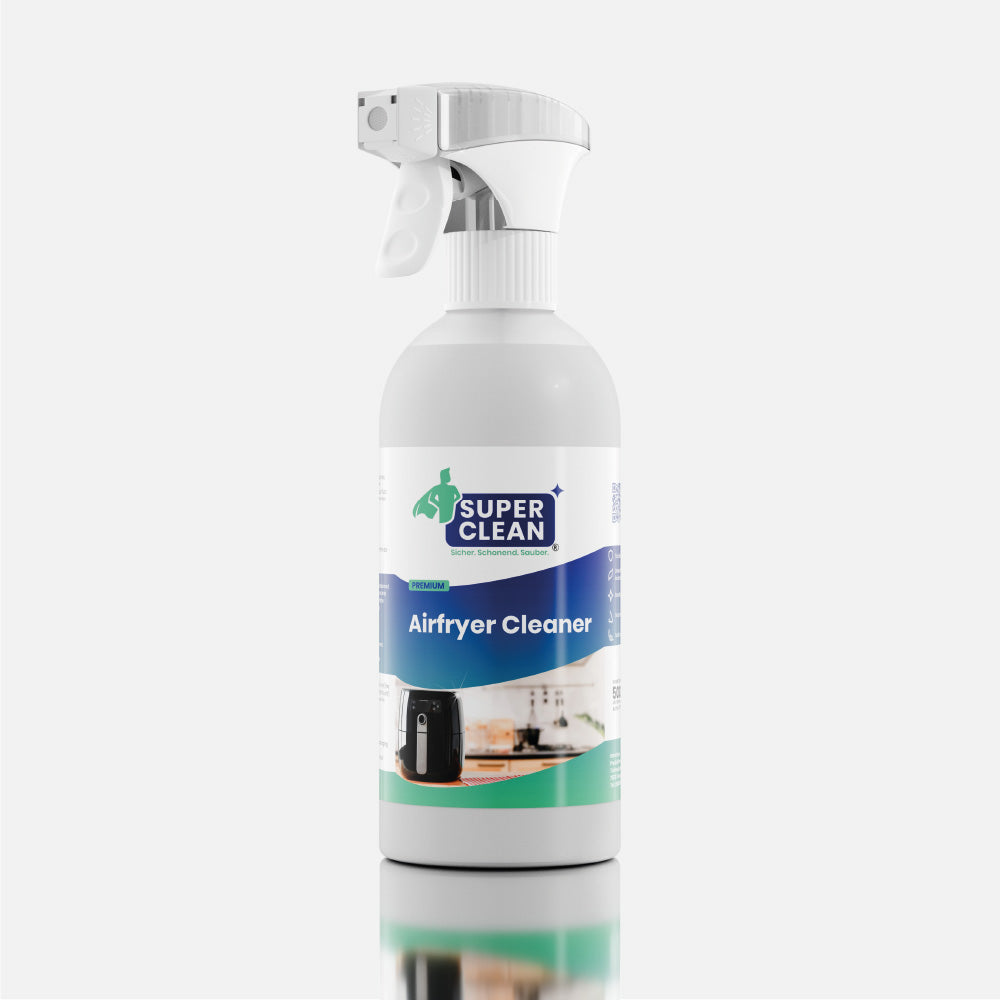 SUPER CLEAN Airfryer Cleaner 500 ml Sprühflasche vor hellgrauem Hintergrund