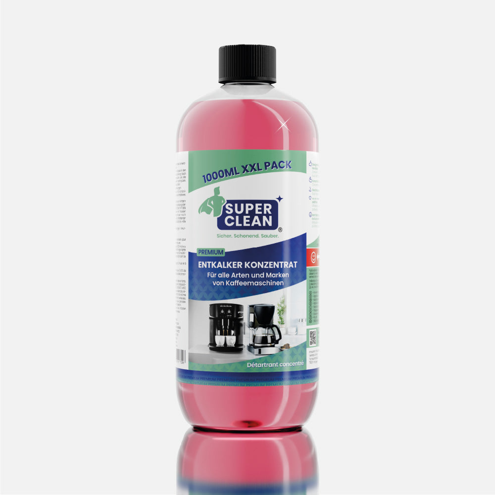 SUPER CLEAN Entkalker Konzentrat 1 L für Kaffeemaschinen vor weißem Hintergrund