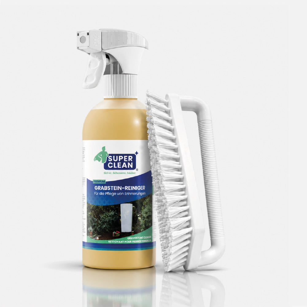 SUPER CLEAN Grabstein-Reiniger 500 ml mit Henkelbürste vor hellgrauem Hintergrund