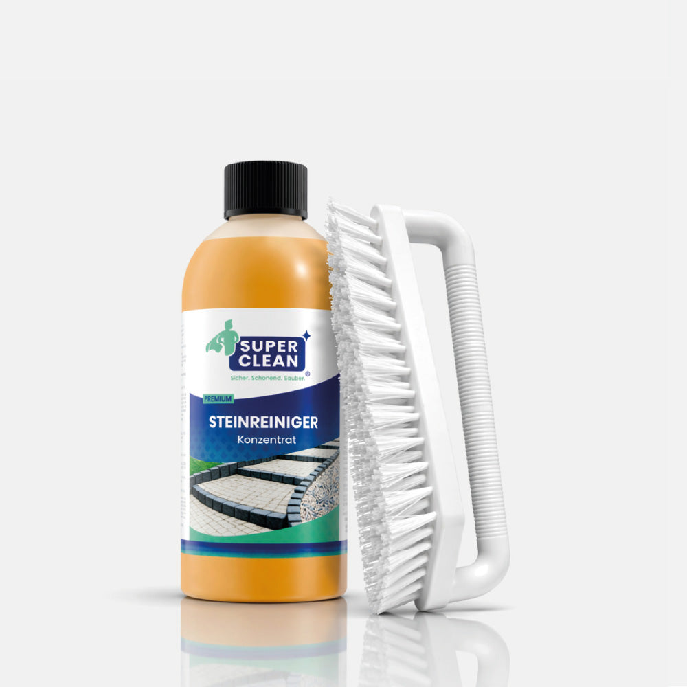 SUPER CLEAN Steinreiniger Konzentrat 500 ml mit Henkelbürste vor hellgrauem Hintergrund