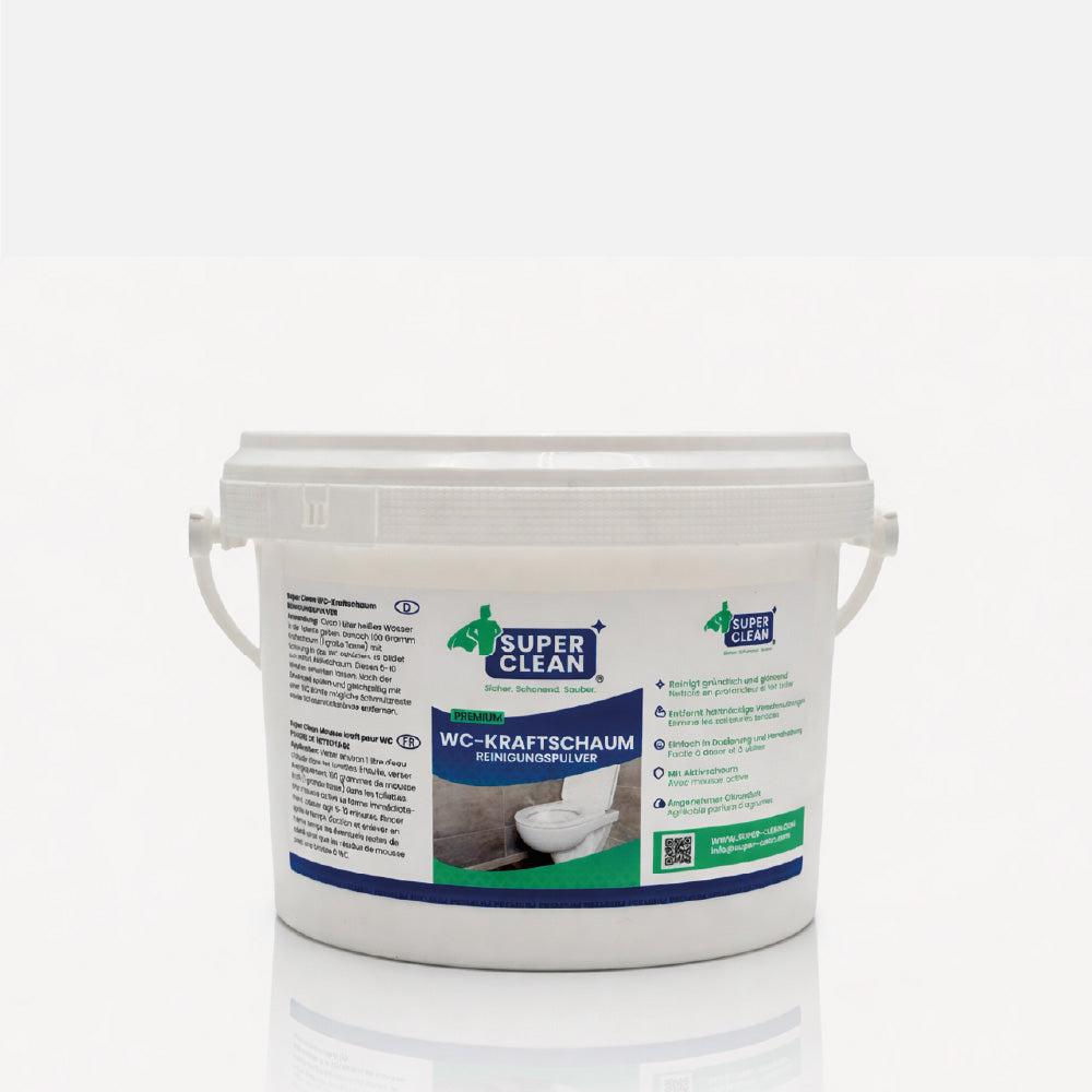 SUPER CLEAN WC-Kraftschaum Reinigungspulver 1 kg im weißen Eimer vor weißem Hintergrund