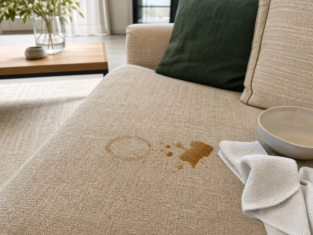 Kaffeespur und Wasserrand auf einem hellen Stoffsofa