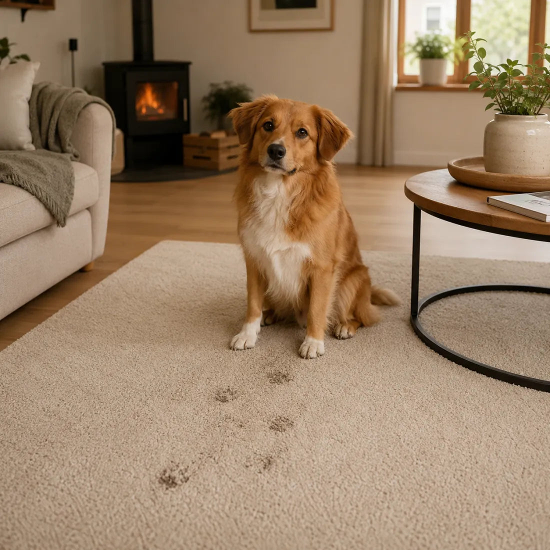 Hund auf einem Teppich mit leichten Pfotenspuren