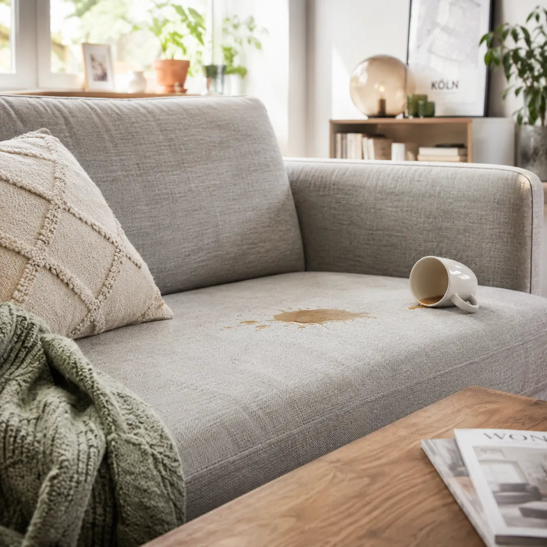 Verschütteter Kaffee auf einem hellen Stoffsofa
