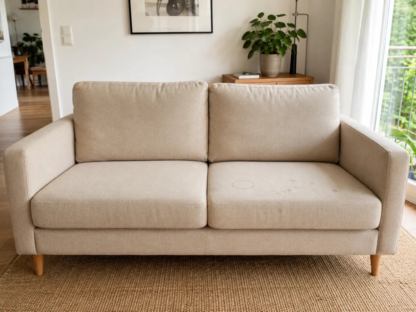 Beige Sofa vorher — mit Flecken